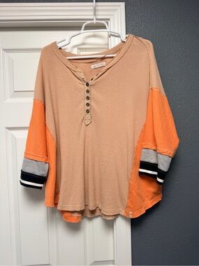 We The Free Peach Waffle Henley with Orange Sleeve Panels